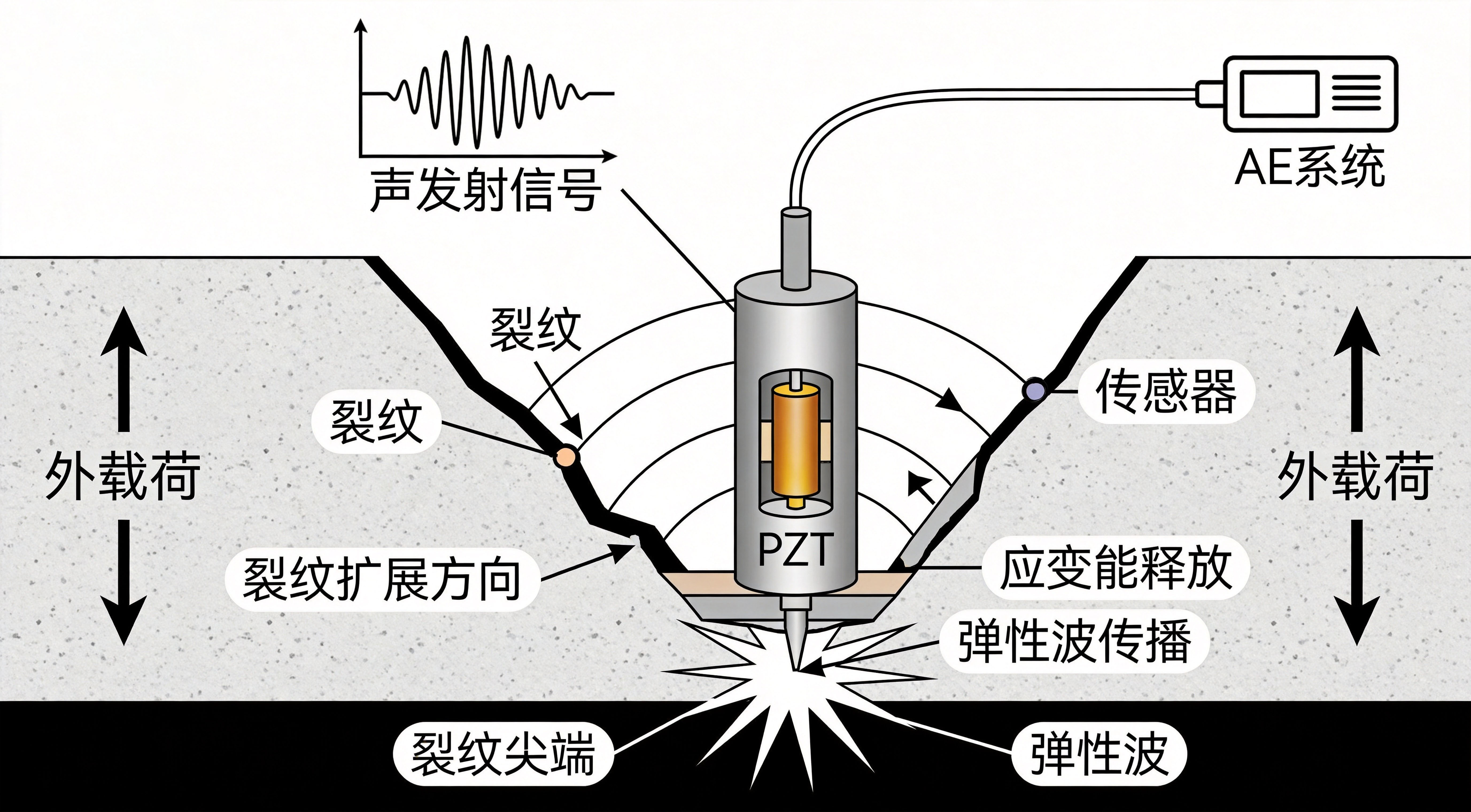 Principle of crack propagation acoustic emission detection